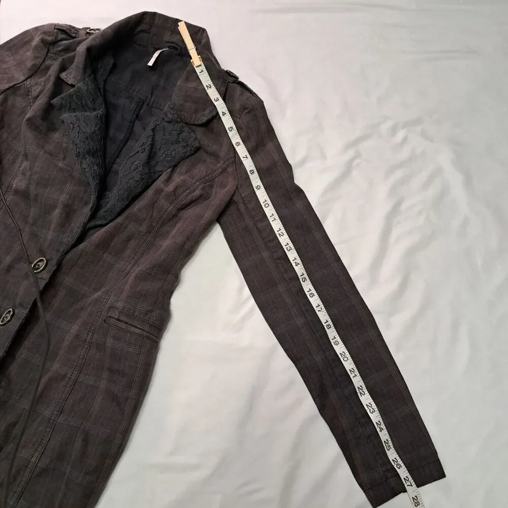 Free People‎ Plaid Gray Duster Trench Coat Women’s 4 Grunge Steampunk Victorian